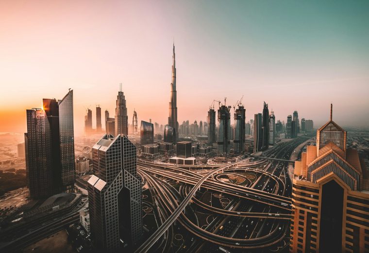 Dubai skyline with the Burj Khalifa at twilight