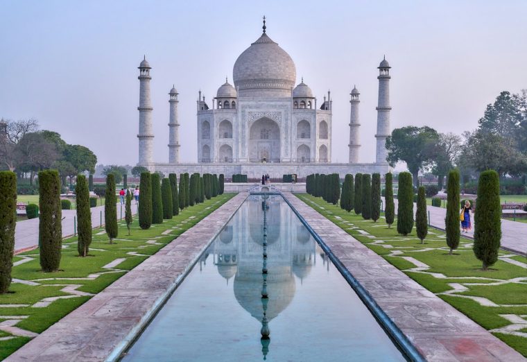 The Taj Mahal in Agra, India, reflected in its long pool